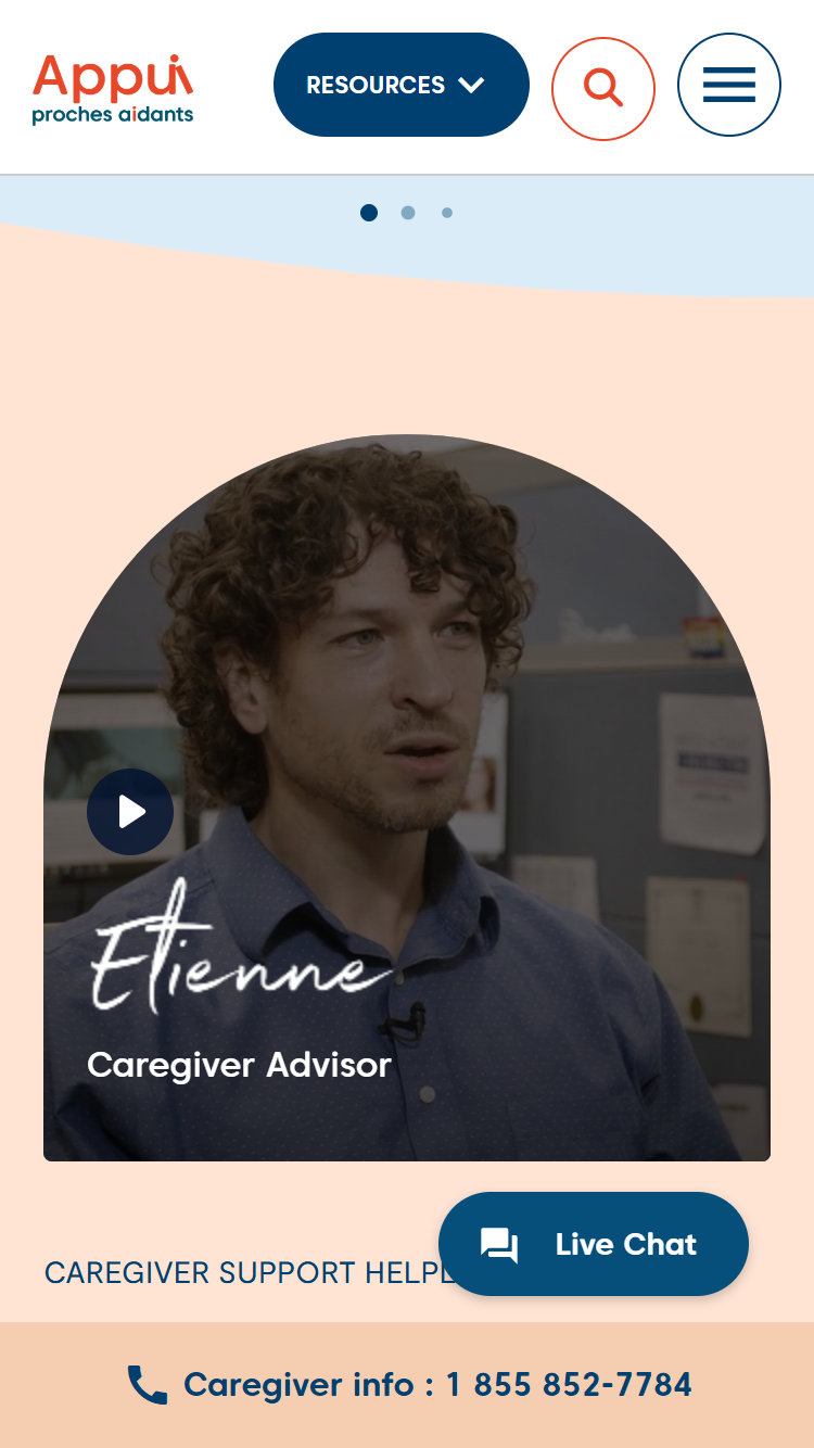Caregiver support nonprofit website on iPhone