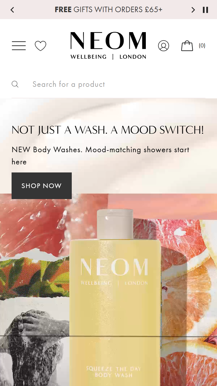 Neom wellbeing wellness brand website on iPhone